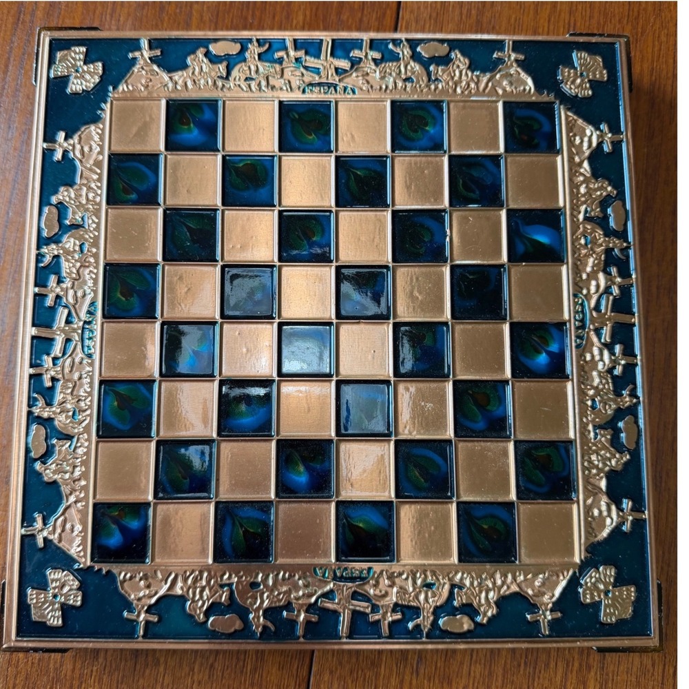 Vintage Espana Don Quixote Copper Teal Enamel Chess Board Spain 8x8